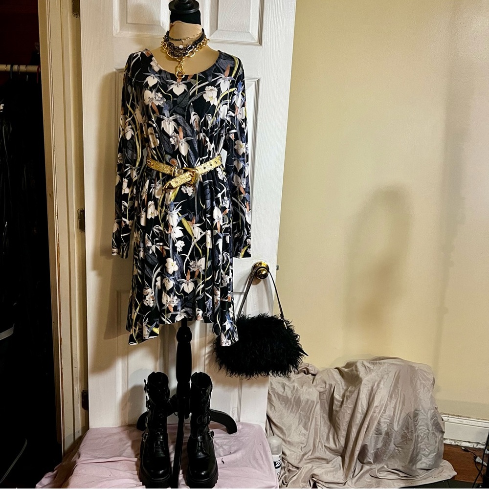 Floral Drape Rayon Long Sleeve‎ Stretch Mini 90s Style Grunge Babydoll Dress XL - Picture 8 of 14